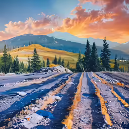 a rural country road covered in snow under a sunset