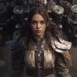 a woman in armor standing next to many different parts of machinery