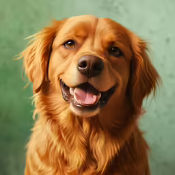 a close up of a brown dog sitting in front of a wall