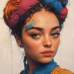 a woman with a tattoo in her forehead wearing a multicolored scarf