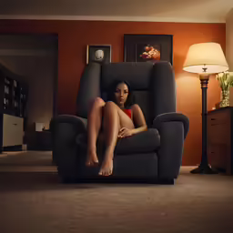a woman sits in a chair with legs crossed