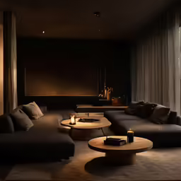 a dark room with a wooden table in the middle