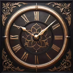 a clock with roman numerals is shown on an ornate gold frame