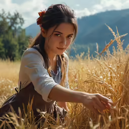 a girl is sitting in the middle of a field