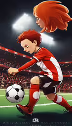 a man kicking a soccer ball on top of a field,a soccer game poster depicts a young girl with red hair, with the ball coming off her feet