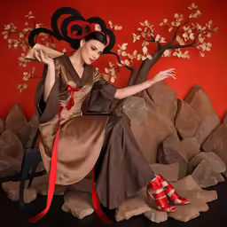 a woman sits on a rock in front of some rocks