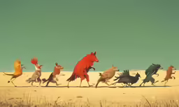 a group of animals run along a sand dune