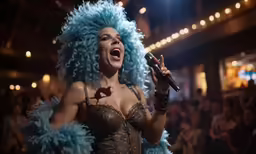 a woman with long blue hair and wearing blue wigs singing in a microphone