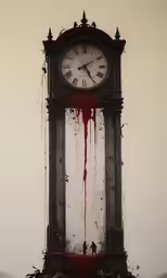 a clock with red paint on it is on a tower