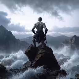 the action man in armor stands on a rock and looks down