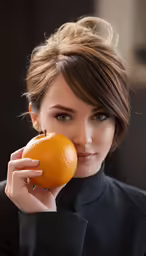 a young woman is holding an orange in her hands