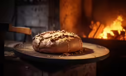 a loaf of bread sits next to a fireplace