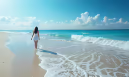 a woman walks along the beach near the water
