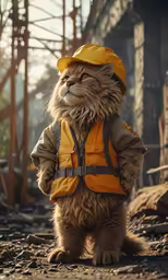 an angry looking cat standing on dirt, holding onto the handle