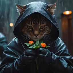 a cat wearing a raincoat is holding out a rose