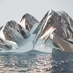 icebergs floating through water with mountains in the background