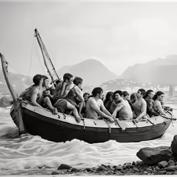 a black and white image of men rowing a boat