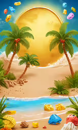 an illustration of palm trees and stones in the sand,a beach with a bunch of sand and palm trees