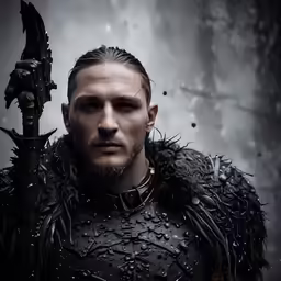 man with large braid holding a metal sword