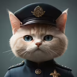 the cat is wearing a uniform and blue eyes