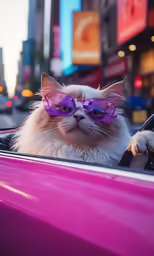 a cat with some glasses is sitting in a car