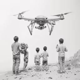 kids with their dad watching a flying unmanned