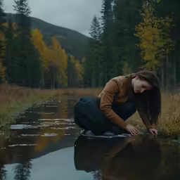 a girl kneeling on water looking down at trees