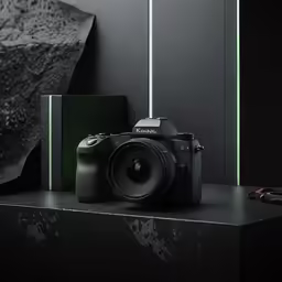a black and white photo of a camera on a counter with rocks