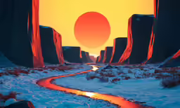a digital painting of an orange sky with a stream in it