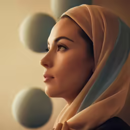 a woman is covered by a shawl staring at something in the distance