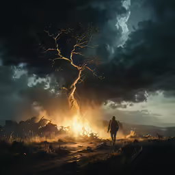 man walking toward burning structure under cloudy skies