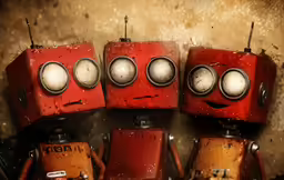 four red and grey toy robots with faces