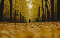 a person is walking through an autumn forest