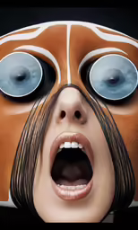 a close - up of a woman wearing an orange mask with eyes