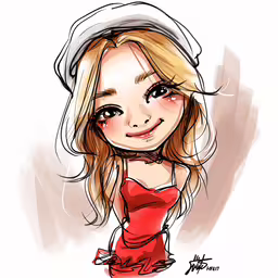 a digital art work of a girl with blue eyes,an illustration of a young blond girl in red