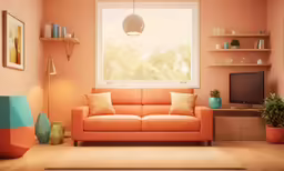living room with a very bright orange sofa
