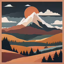 a mountain poster in orange with a large sun in the background,a poster that says nourishment mountains and trees