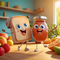 two toasted bread characters stand in front of oranges and melons