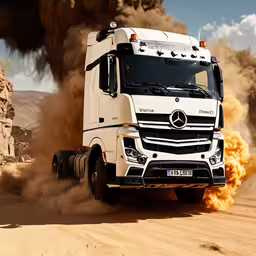 the white truck is driving on dirt roads,a truck with large wheels is rolling through the desert
