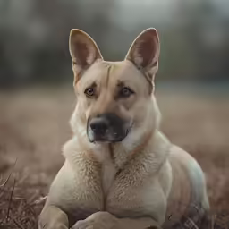 a dog laying on the ground in the middle of grass