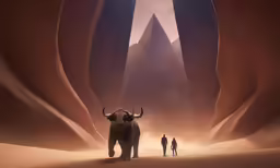 a lone bull standing in the middle of two people