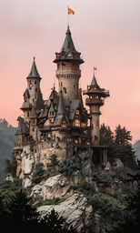 a castle lit up on the top of a mountain with a flag on top