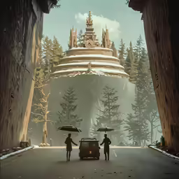 two people standing under umbrellas by an suv on the road