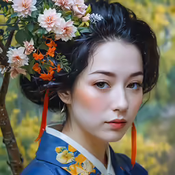 an oriental woman with flowers in her hair