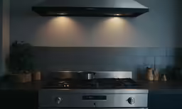 the kitchen has a range that includes a stove and exhaust hood