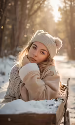a woman sitting on a bench covered in snow