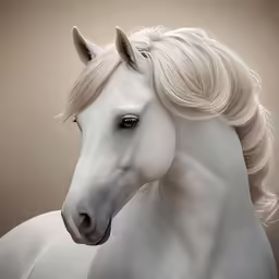 a white horse with blonde hair looking ahead