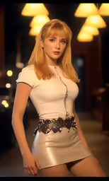 a sexy blonde woman wearing an open white top and black ribbon