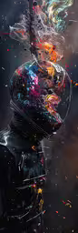 a colorful artistic photograph with lots of paint,colorful liquid is being poured on the body of an astronaut