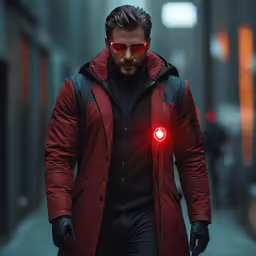 man with red sunglasses walking down a city street